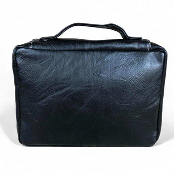 Cotton Road Bible Bag: BLACK PU Leather BIBLE Cover with handle back view