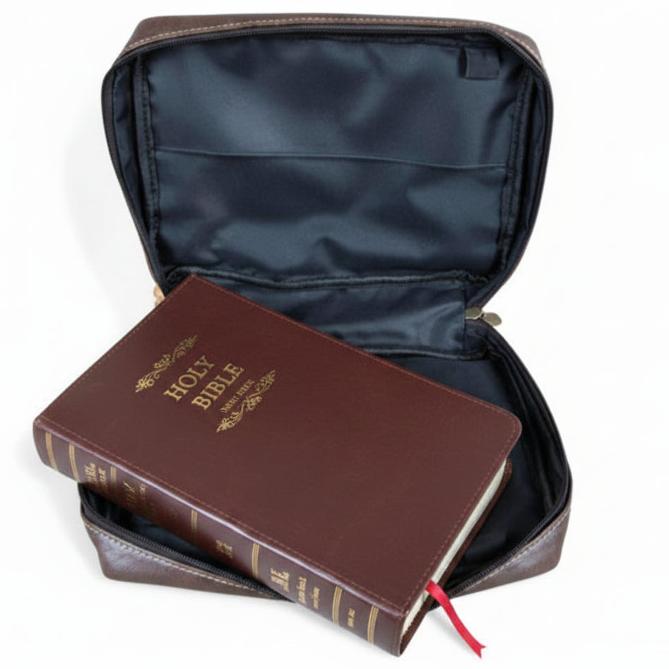 Cotton Road Bible Bag: COFFEE BROWN PU Leather BIBLE Cover with handle OPEN WITH BIBLE