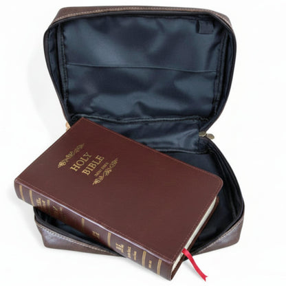 Cotton Road Bible Bag: COFFEE BROWN PU Leather BIBLE Cover with handle OPEN WITH BIBLE