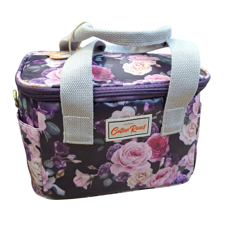 Cotton Road Cooler Bag: PURPLE PVC Insulated Lunch Box with ROSES  