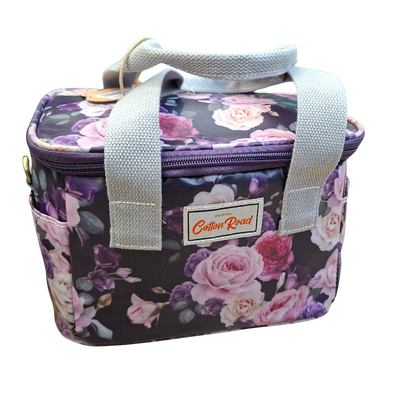 Cotton Road Cooler Bag: PURPLE PVC Insulated Lunch Box with ROSES  