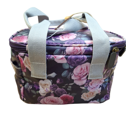 Cotton Road Cooler Bag: PURPLE PVC Insulated Lunch Box with ROSES   BACK VIEW