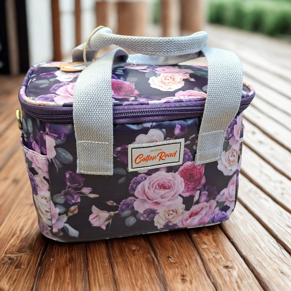 Cotton Road Cooler Bag: PURPLE PVC Insulated Lunch Box with ROSES HERO