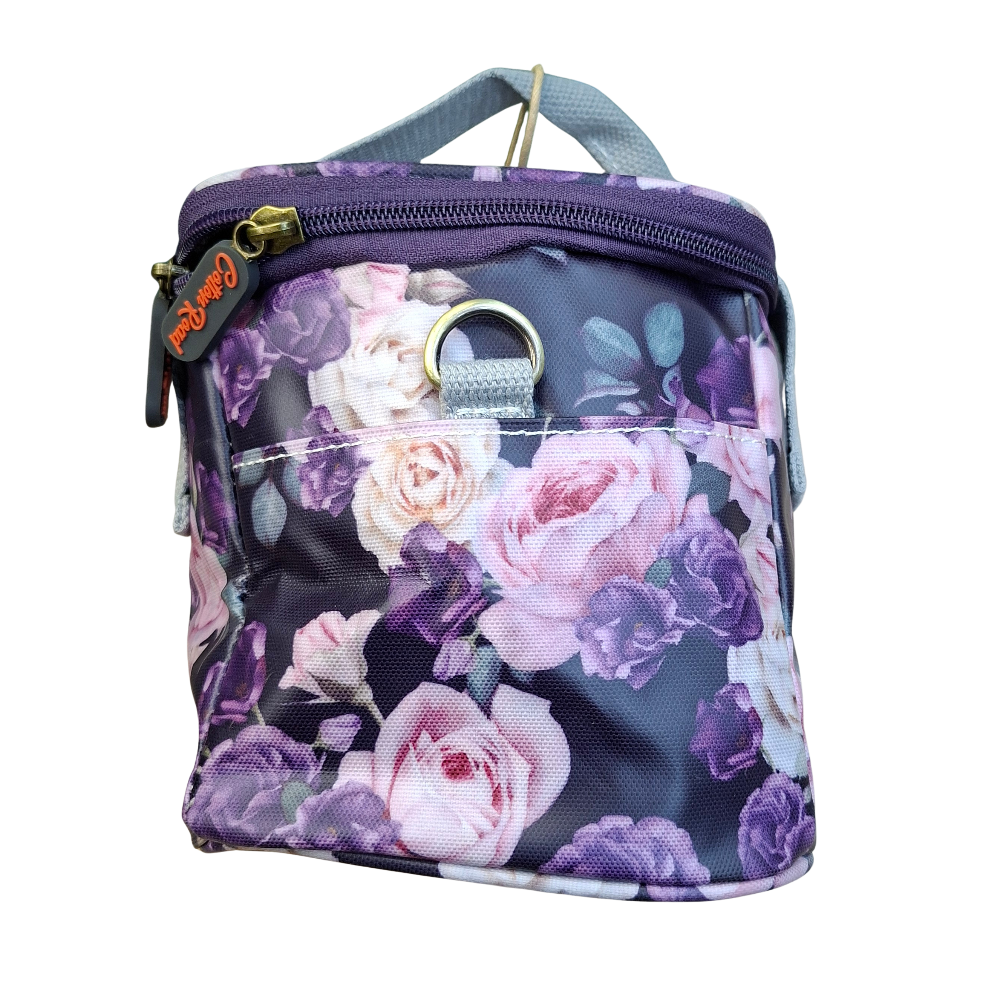 Cotton Road Cooler Bag: PURPLE PVC Insulated Lunch Box with ROSES   SIDE VIEW