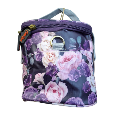 Cotton Road Cooler Bag: PURPLE PVC Insulated Lunch Box with ROSES   SIDE VIEW