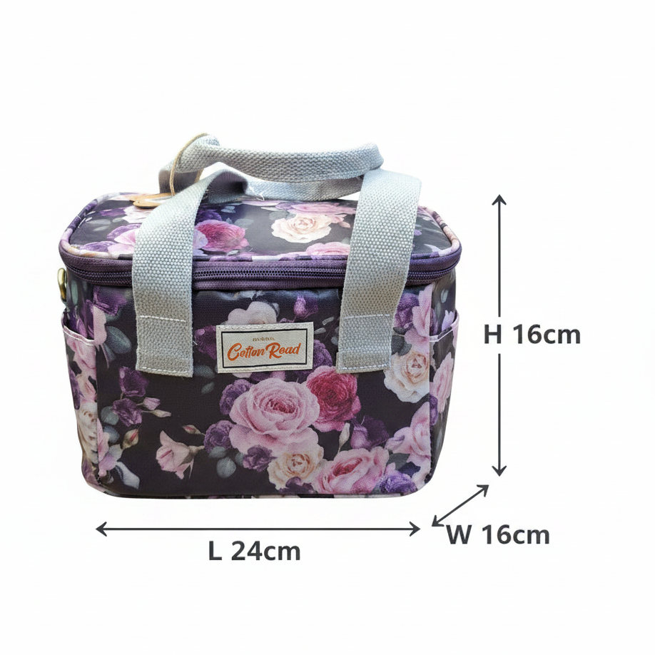 Cotton Road Cooler Bag: PURPLE PVC Insulated Lunch Box with ROSES SIZE