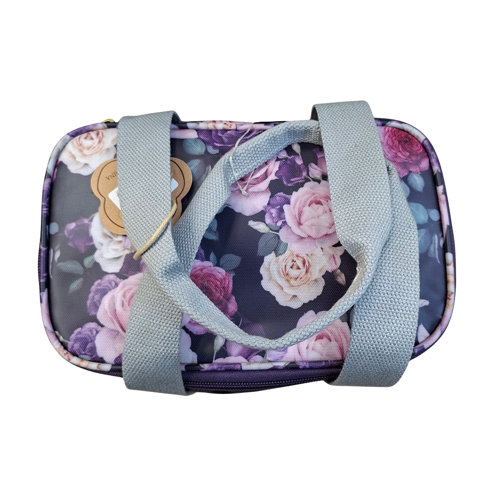 Cotton Road Cooler Bag: PURPLE PVC Insulated Lunch Box with ROSES   TOP VIEW