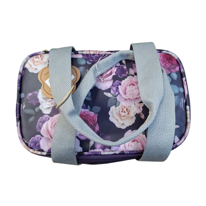 Cotton Road Cooler Bag: PURPLE PVC Insulated Lunch Box with ROSES   TOP VIEW