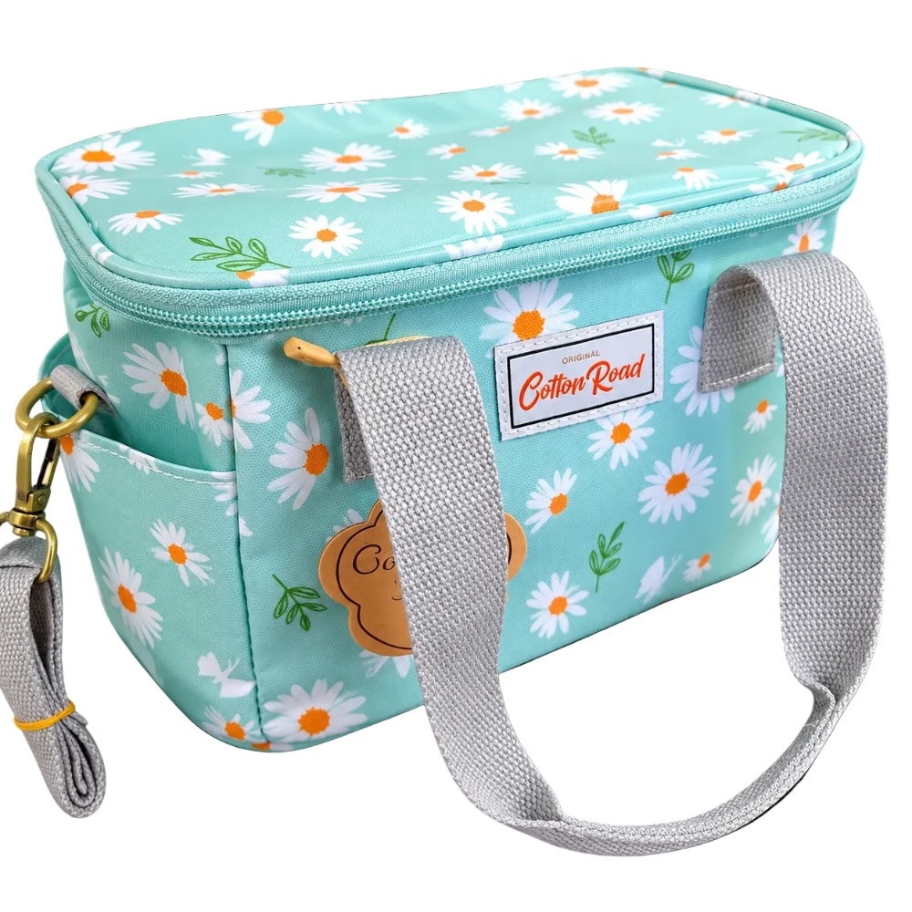 Cotton Road Cooler Bag: TURQUOISE PVC Insulated Lunch Box with DAISIES