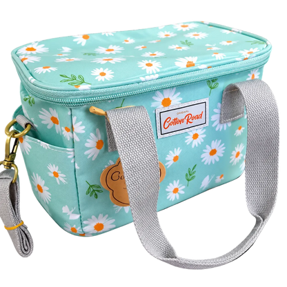 Cotton Road Cooler Bag: TURQUOISE PVC Insulated Lunch Box with DAISIES