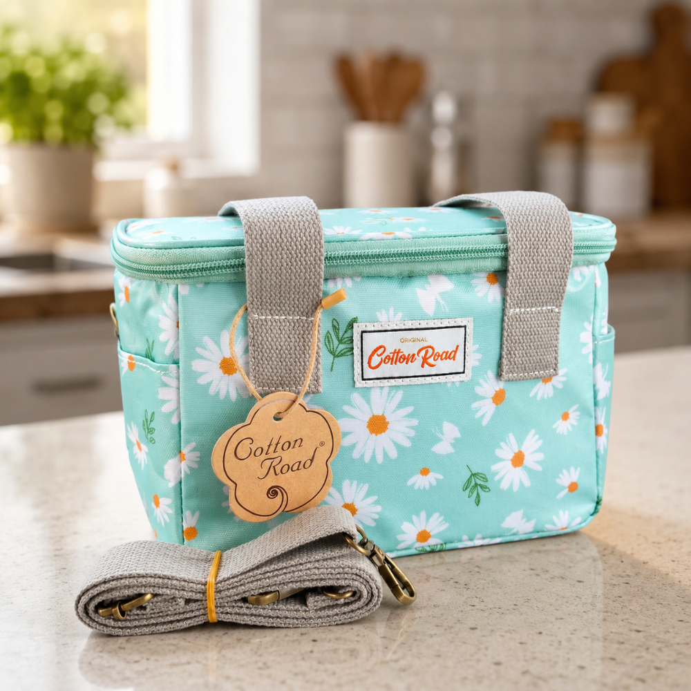 Cotton Road Cooler Bag: TURQUOISE PVC Insulated Lunch Box with DAISIES LIFESTYLE