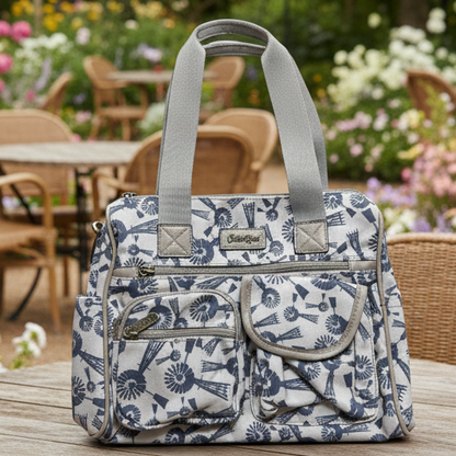 Cotton Road Handbag: BEIGE Canvas Handbag with BLUE WINDMILLS