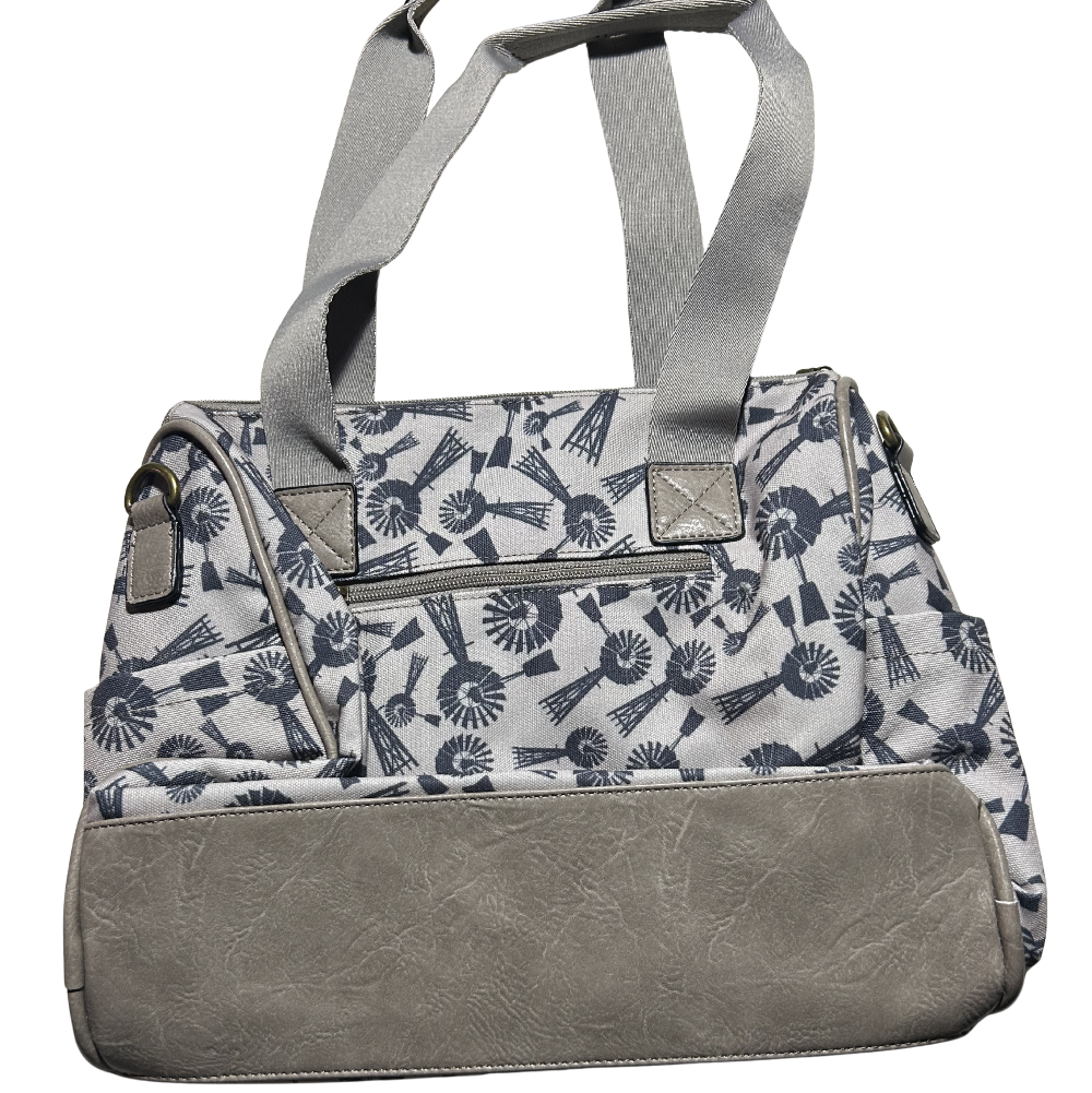 Cotton Road Handbag: BEIGE Canvas Handbag with BLUE WINDMILLS BACK