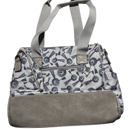 Cotton Road Handbag: BEIGE Canvas Handbag with BLUE WINDMILLS BACK