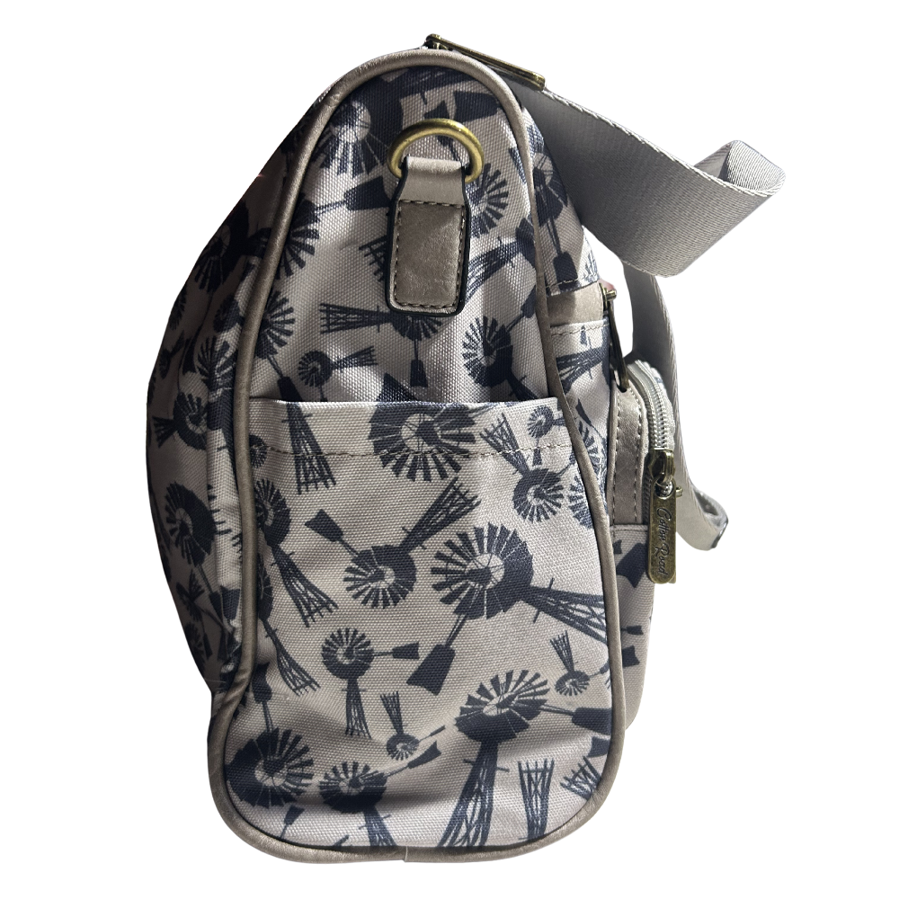 Cotton Road Handbag: BEIGE Canvas Handbag with BLUE WINDMILLS SIDE