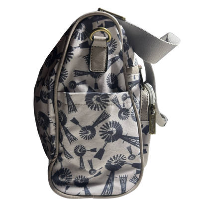 Cotton Road Handbag: BEIGE Canvas Handbag with BLUE WINDMILLS SIDE