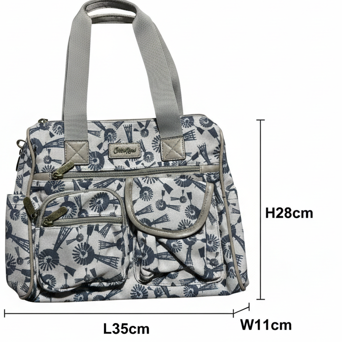 Cotton Road Handbag: BEIGE Canvas Handbag with BLUE WINDMILLS SIZED