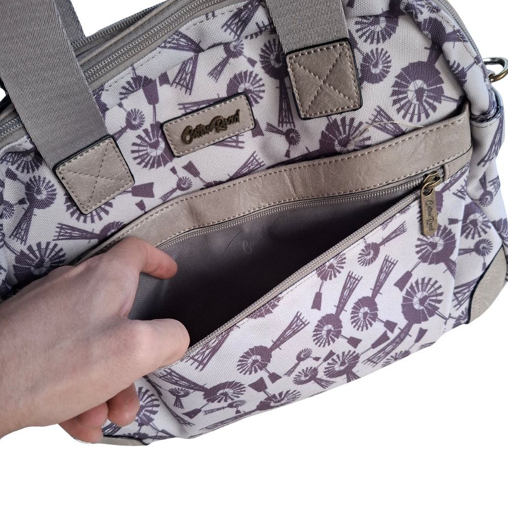 Cotton Road Handbag: BEIGE Canvas Handbag with PU Leather Trim and WINDMILL FRONT POCKET OPEN