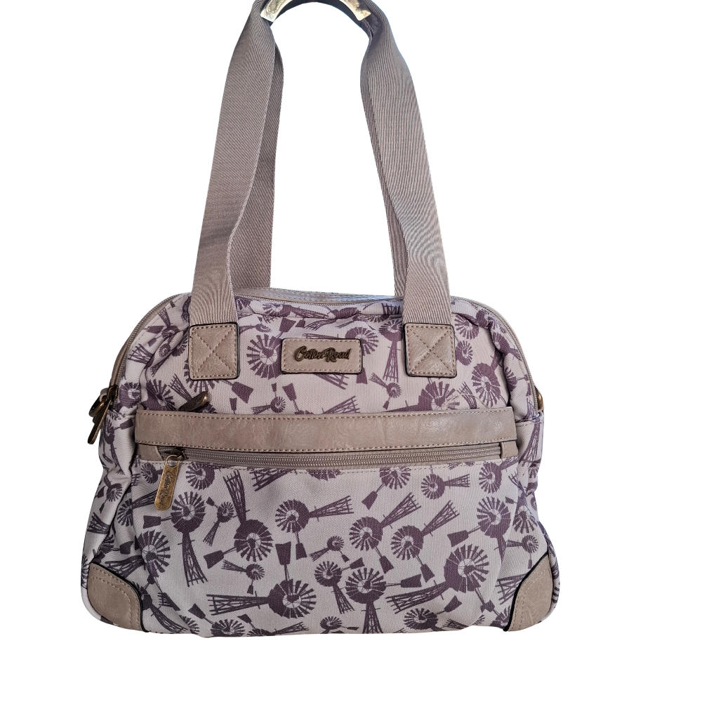 Cotton Road Handbag: BEIGE Canvas Handbag with PU Leather Trim and WINDMILL Print FRONT