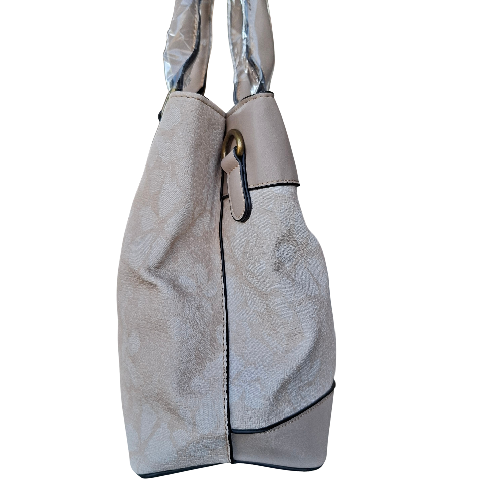 Cotton Road Handbag: BEIGE FLORAL PU Leather Handbag  SIDE VIEW