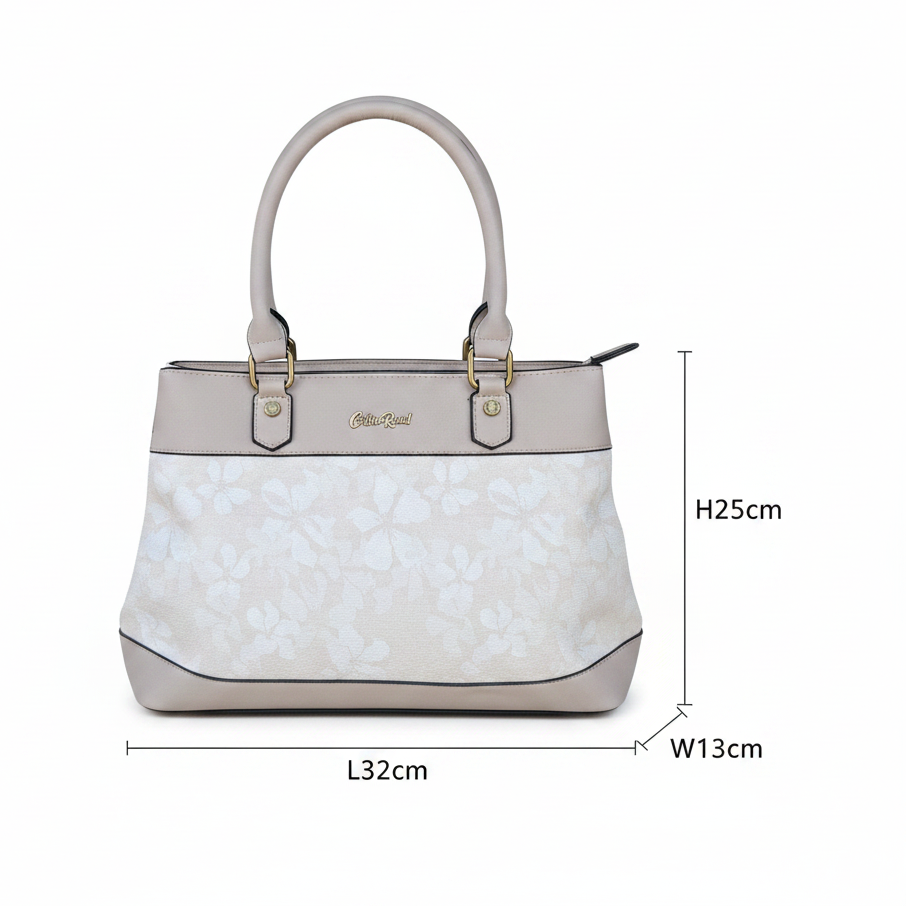 Cotton Road Handbag: BEIGE FLORAL PU Leather Handbag SIZE