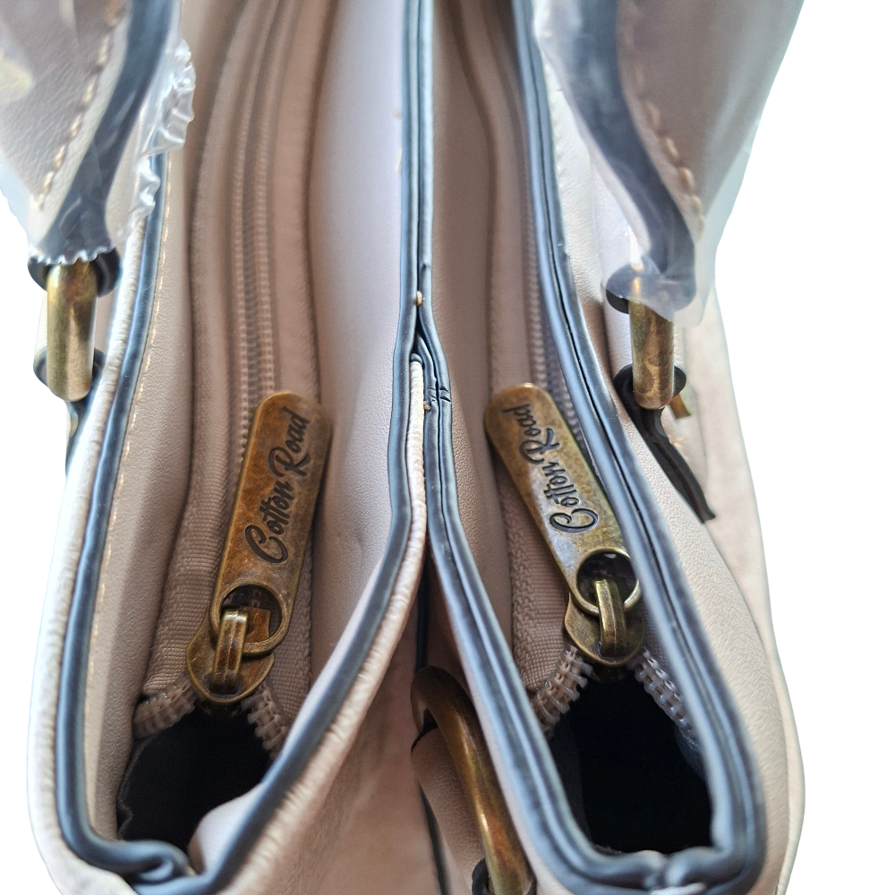Cotton Road Handbag: BEIGE FLORAL PU Leather Handbag TOP ZIPS