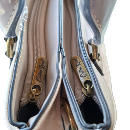 Cotton Road Handbag: BEIGE FLORAL PU Leather Handbag TOP ZIPS