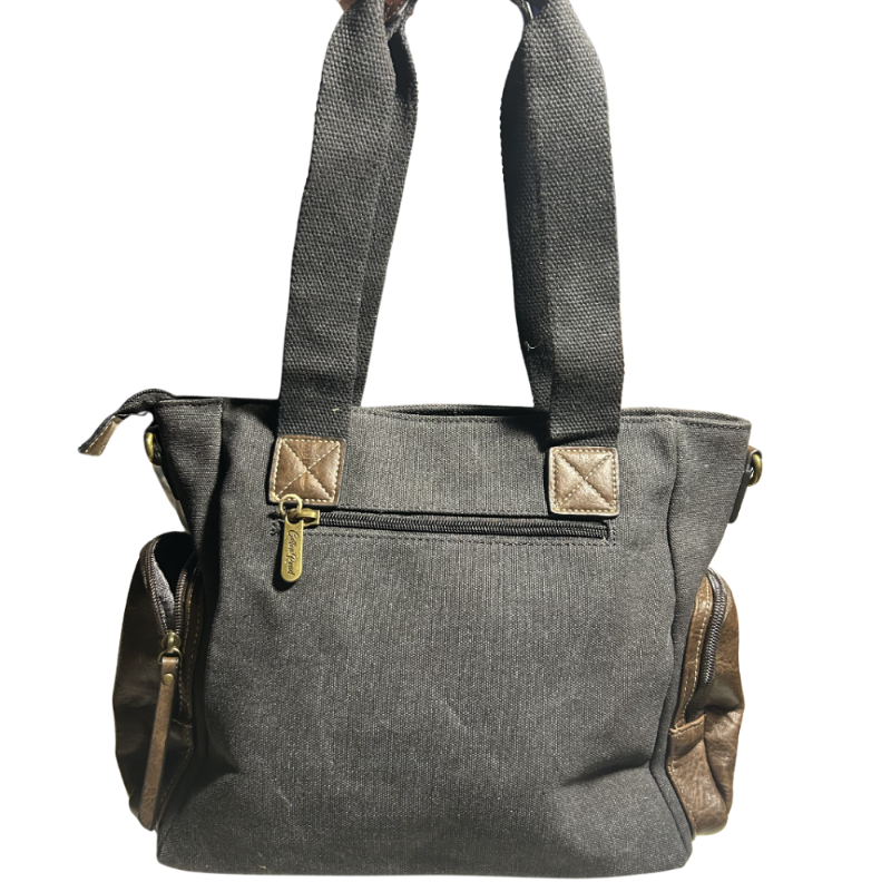 Cotton Road Handbag: BLACK Canvas & PU Leather Multi-pocket Shoulder Bag BACK