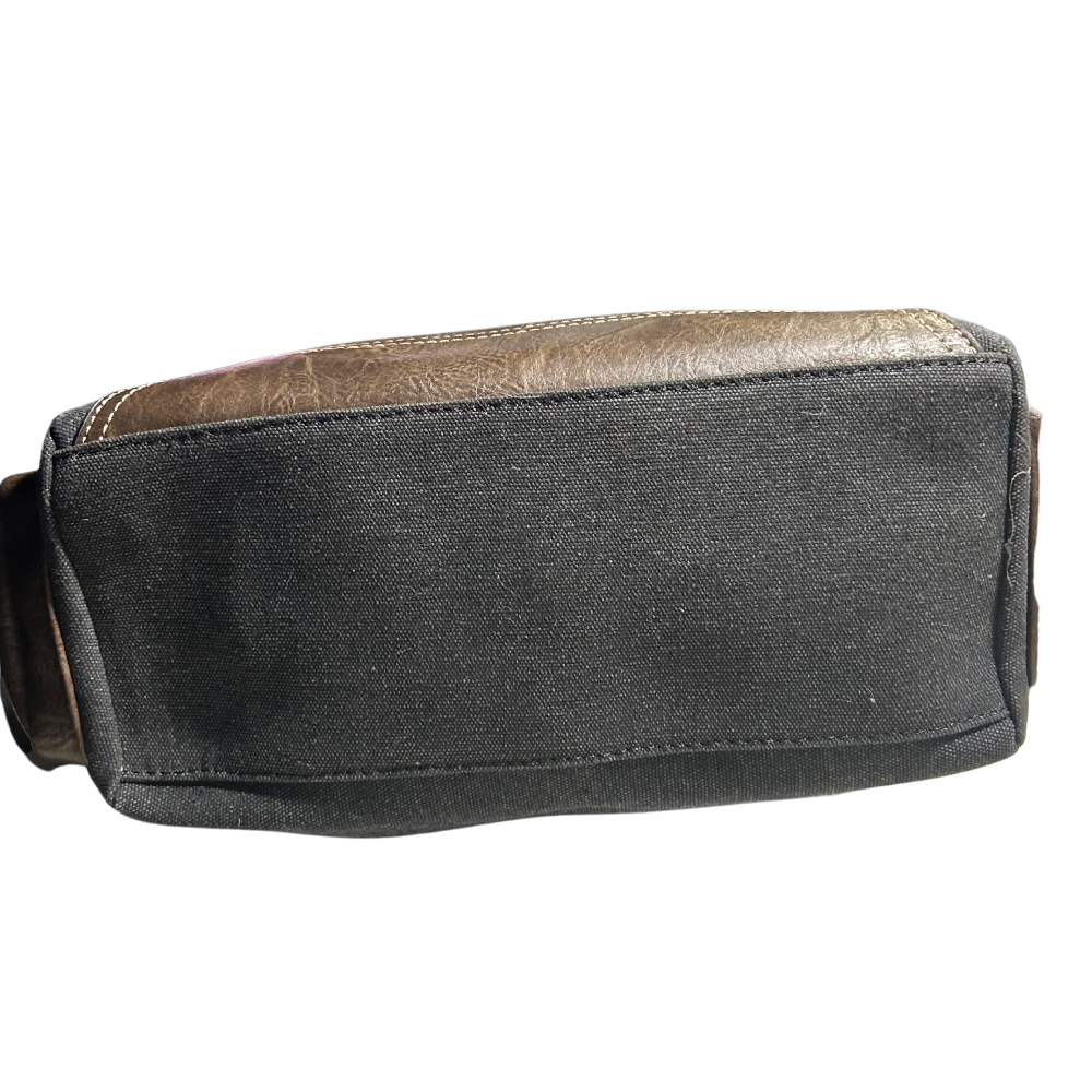 Cotton Road Handbag: BLACK Canvas & PU Leather Multi-pocket Shoulder Bag BOTTOM