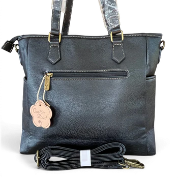 Cotton Road Handbag: BLACK PU Leather Bag with TWIN Handles and ADJUSTABLE strap BACK