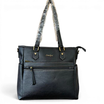 Cotton Road Handbag: BLACK PU Leather Bag with TWIN Handles and ADJUSTABLE strap HANGING