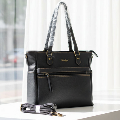 Cotton Road Handbag: BLACK PU Leather Bag with TWIN Handles and ADJUSTABLE strap HERO