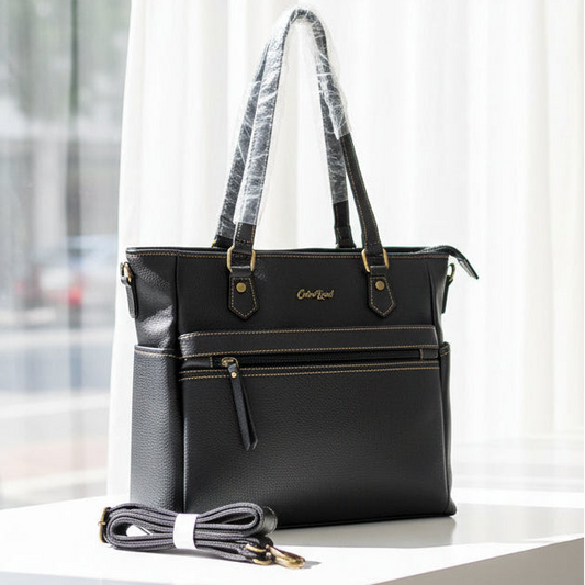 Cotton Road Handbag: BLACK PU Leather Bag with TWIN Handles and ADJUSTABLE strap HERO