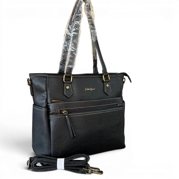 Cotton Road Handbag: BLACK PU Leather Bag with TWIN Handles and ADJUSTABLE strap SET