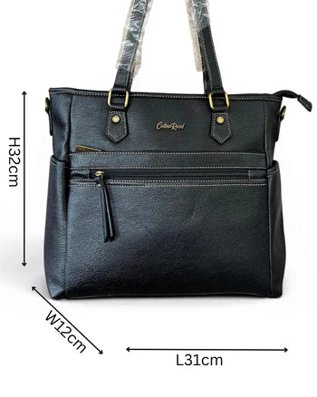 Cotton Road Handbag: BLACK PU Leather Bag with TWIN Handles and ADJUSTABLE strap SIZE