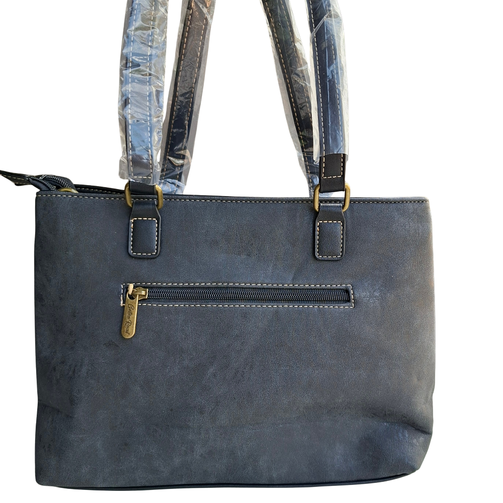 Cotton Road Handbag: BLACK PU Leather Double Compartment Handbag with EMBOSSED Protea CLOSED BACK 