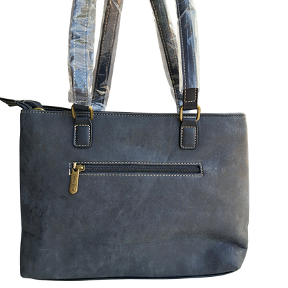 Cotton Road Handbag: BLACK PU Leather Double Compartment Handbag with EMBOSSED Protea CLOSED BACK 