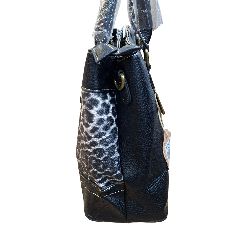 Cotton Road Handbag: BLACK PU Leather Trapeze Tote with LEOPARD SIDE VIEW