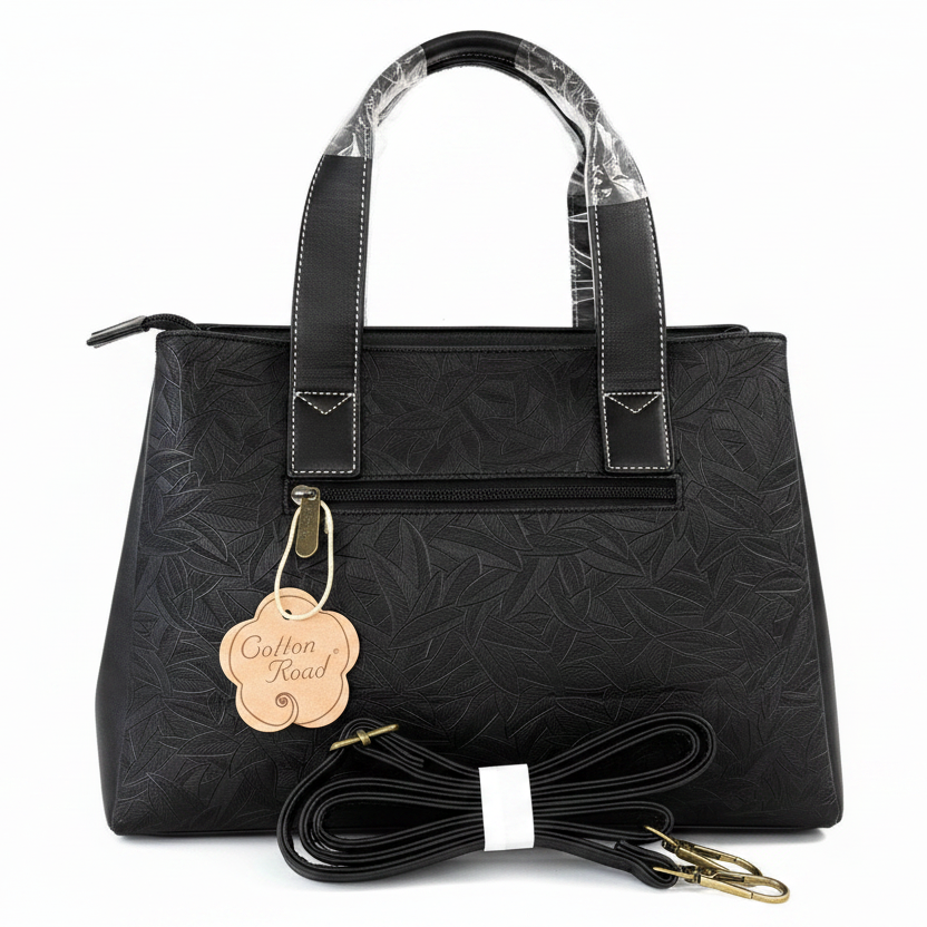 Cotton Road Handbag: BLACK PU Leather with Embossed Leaf Design BACK