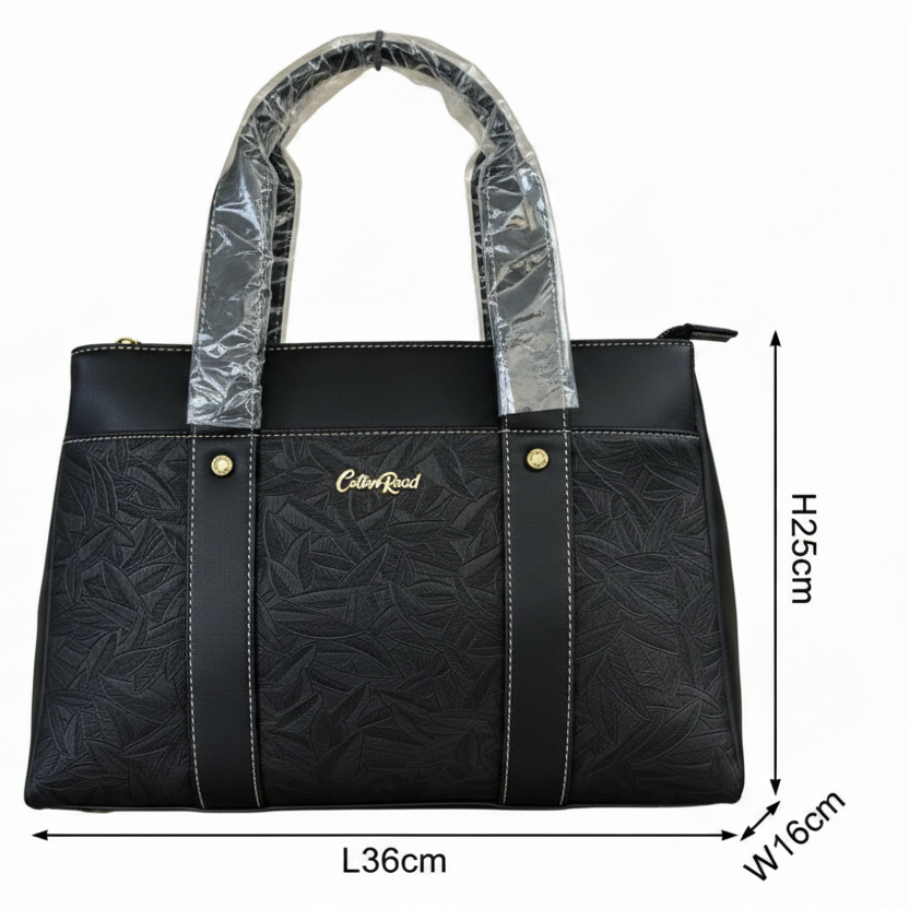 Cotton Road Handbag: BLACK PU Leather with Embossed Leaf Design SIZED