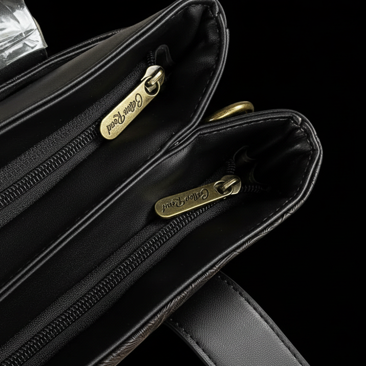 Cotton Road Handbag: BLACK PU Leather with Embossed Leaf Design TWIN TOP ZIP COMPARTMENTS