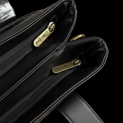 Cotton Road Handbag: BLACK PU Leather with Embossed Leaf Design TWIN TOP ZIP COMPARTMENTS