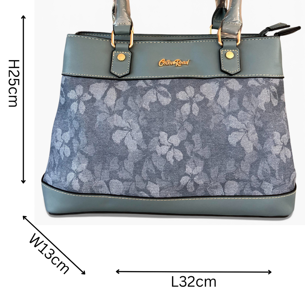 Cotton Road Handbag: BLUE FLORAL PU Leather Handbag SIZE