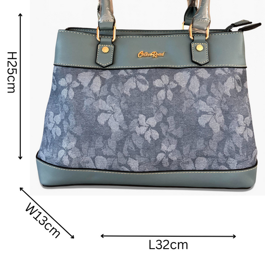 Cotton Road Handbag: BLUE FLORAL PU Leather Handbag SIZE