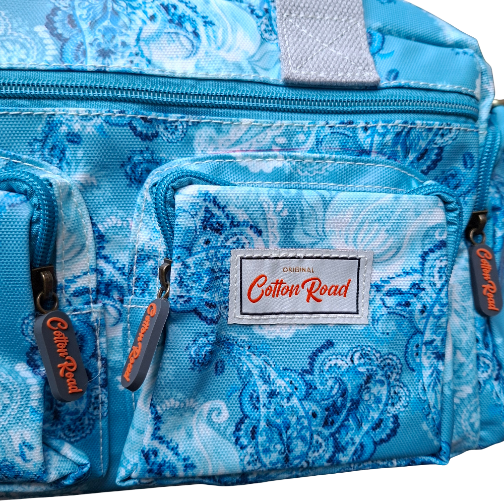 Cotton Road Handbag: BLUE PVC with PAISLEY Print DETAIL