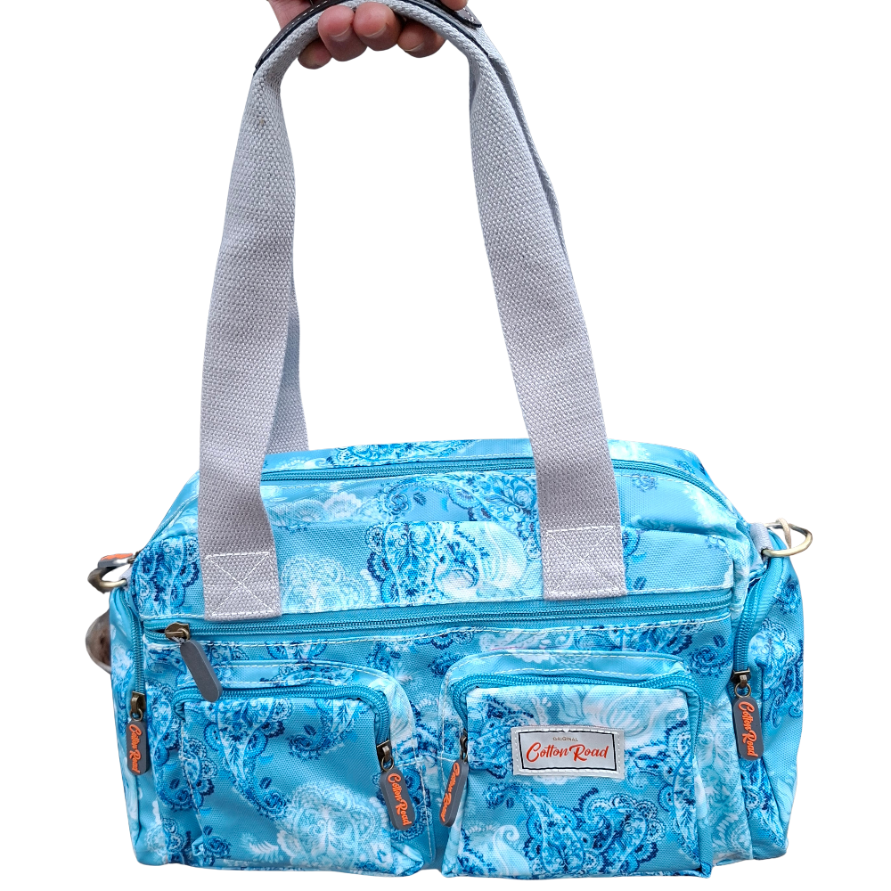 Cotton Road Handbag: BLUE PVC with PAISLEY Print FRONT