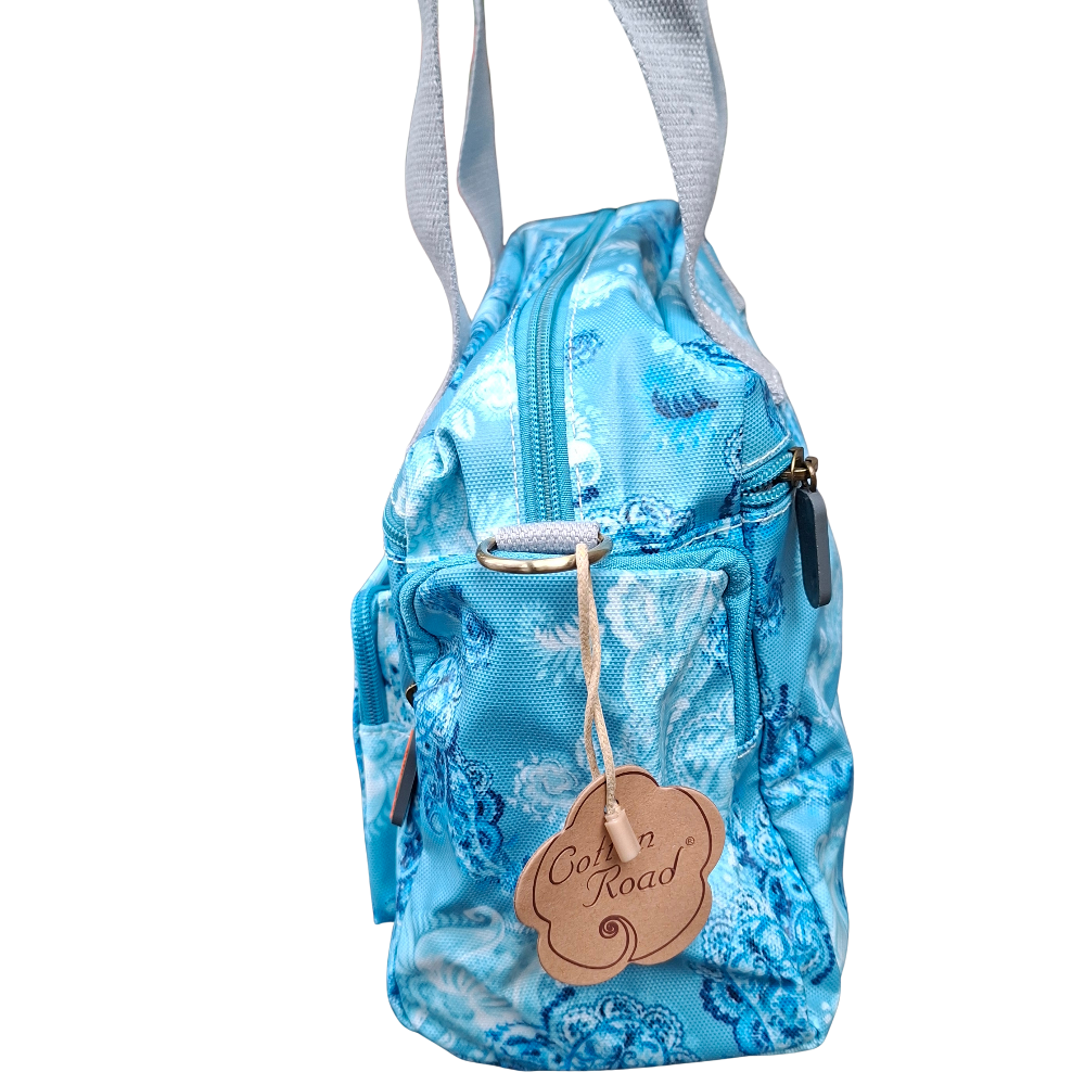 Cotton Road Handbag: BLUE PVC with PAISLEY Print SIDE