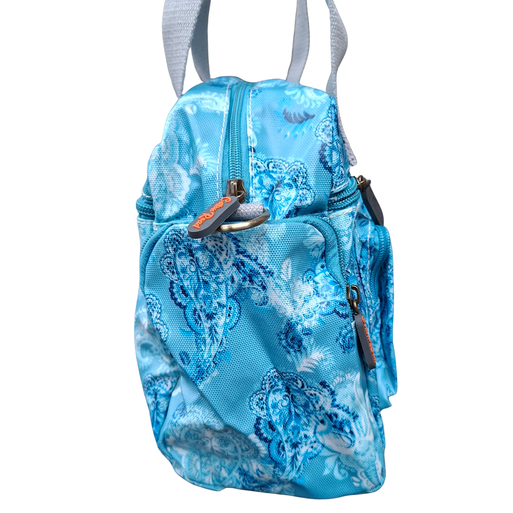 Cotton Road Handbag: BLUE PVC with PAISLEY Print SIDE VIEW