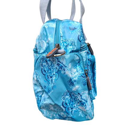 Cotton Road Handbag: BLUE PVC with PAISLEY Print SIDE VIEW