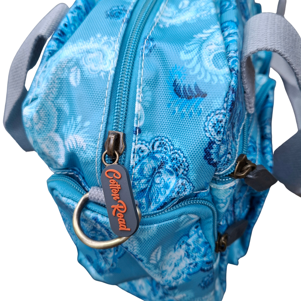 Cotton Road Handbag: BLUE PVC with PAISLEY Print TOP ZIP VIEW
